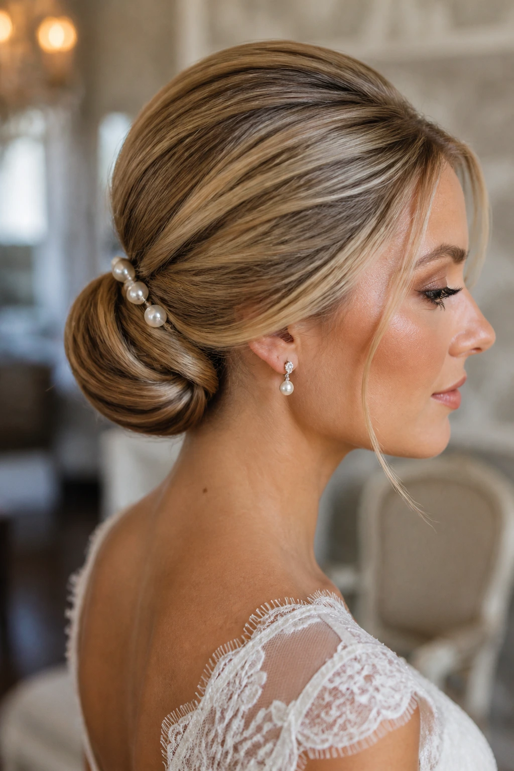 Close-up profile of a real bride showing Gibson tuck with pearl pins at the nape.