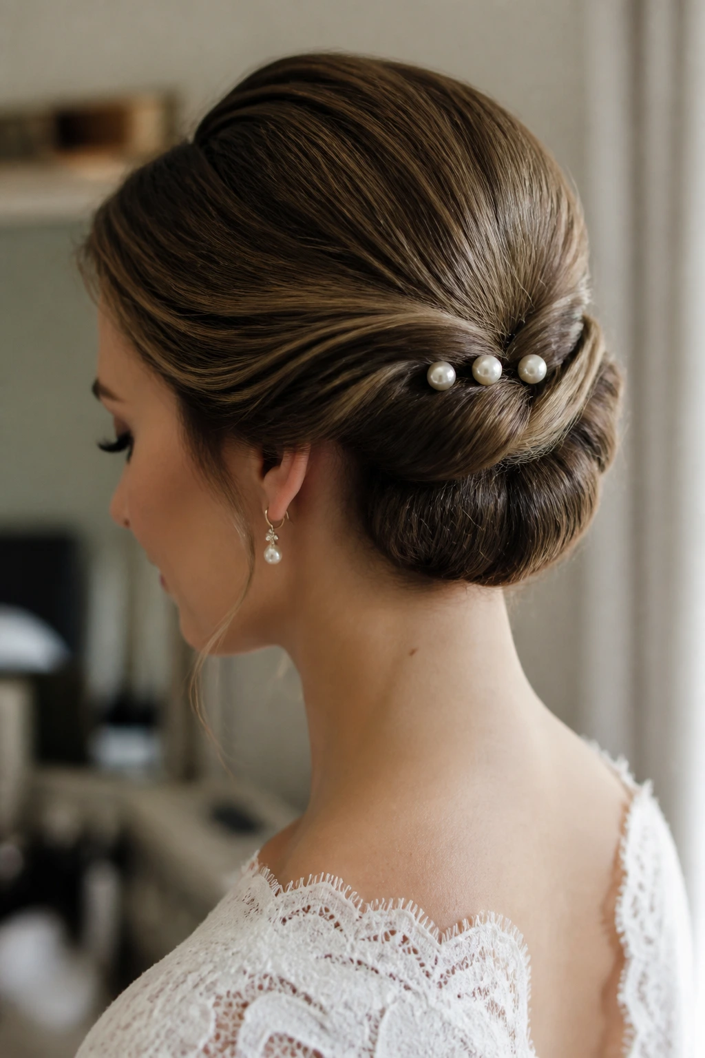 Bride showcasing Gibson tuck with pearl pins