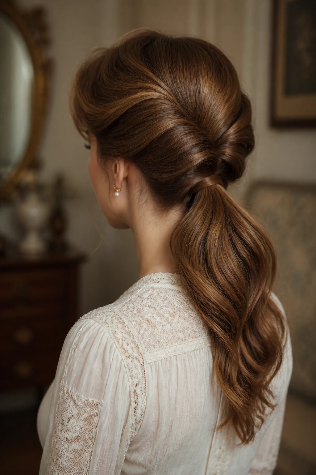 Rear three-quarter view of a real woman with Gibson tuck ponytail