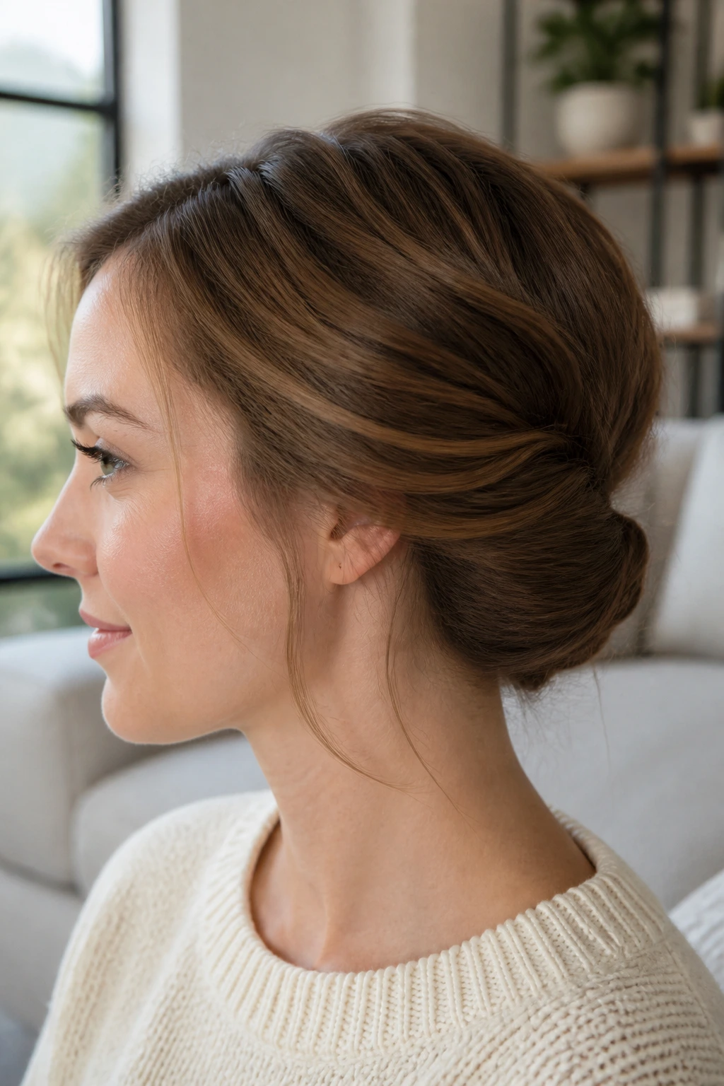 Close-up of a real woman with a Gibson tuck at the nape of shoulder-length hair