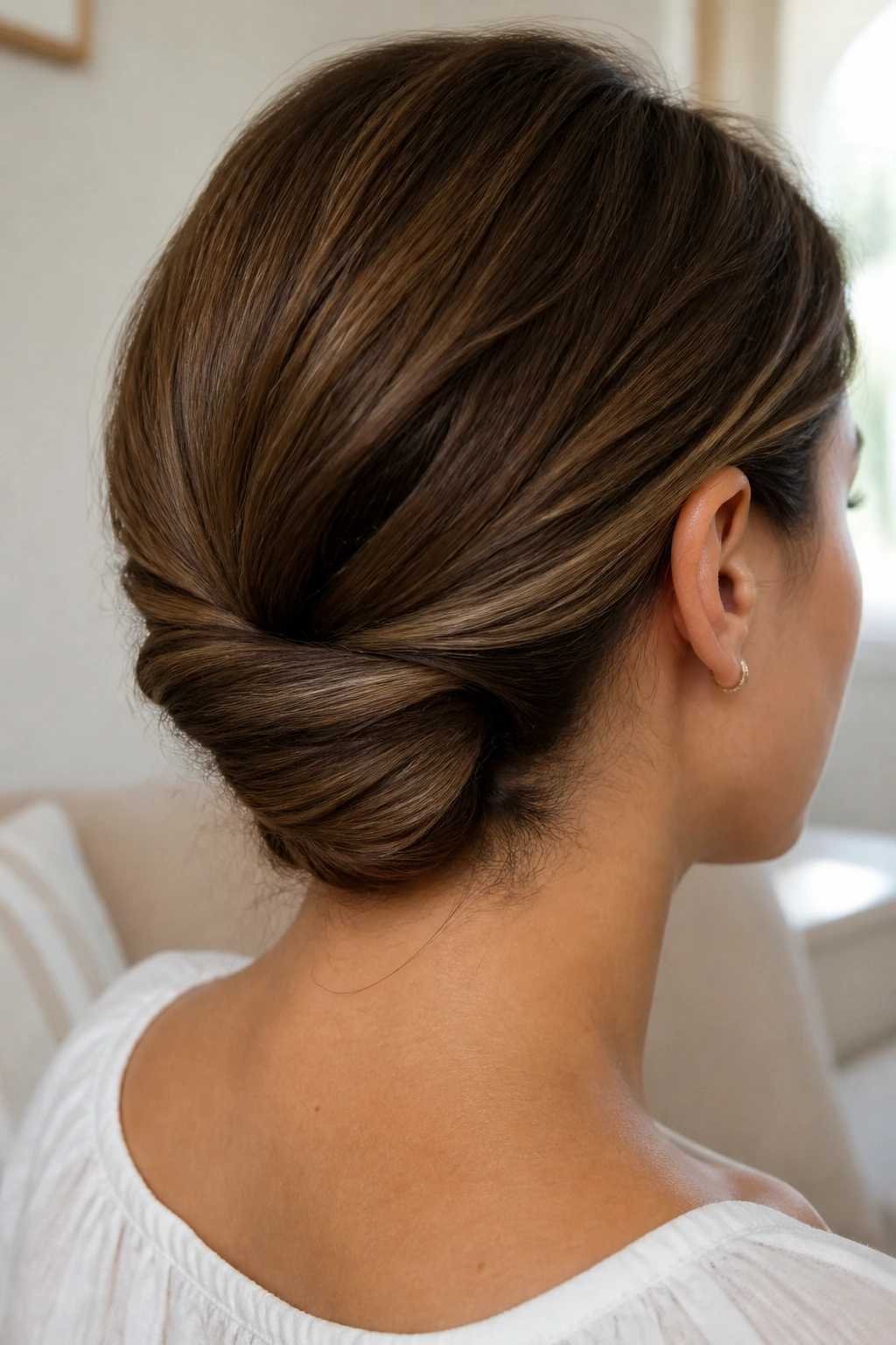 Gibson tuck hovers near the nape on shoulder-length hair, real person portrait