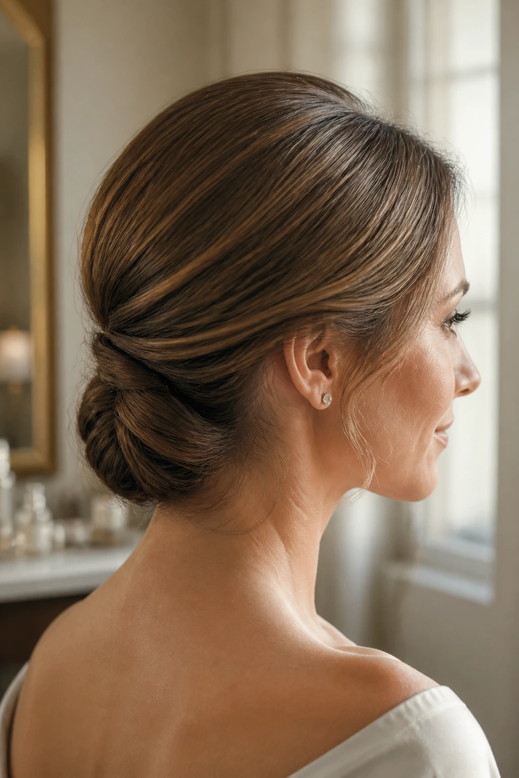 Close-up of real woman with Gibson tuck and smooth crown hairstyle