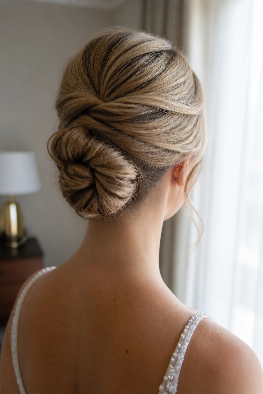 Back-of-head portrait showing a Gibson tuck at the nape with texture