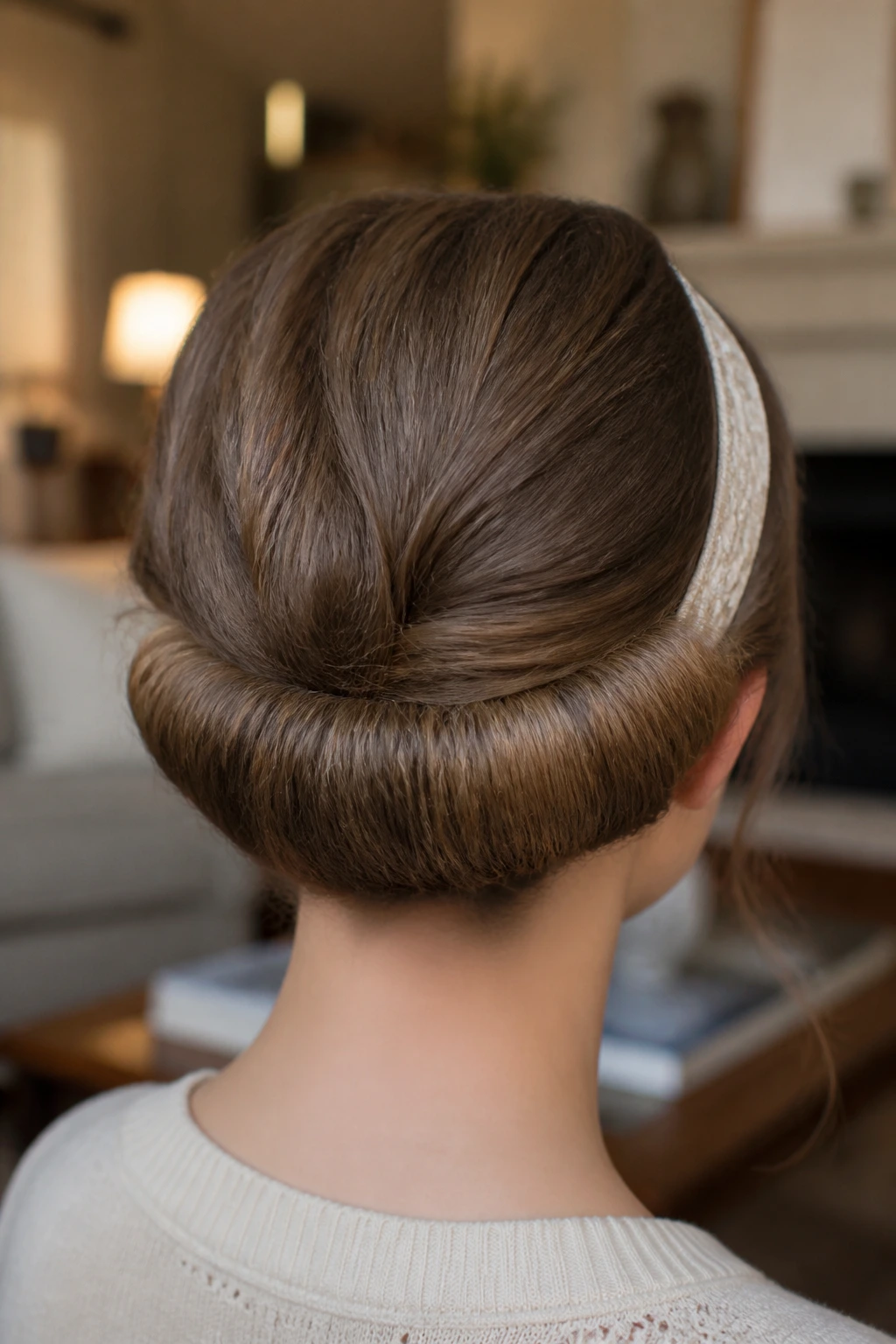 Back view of a real woman showing the Gibson tuck hairstyle