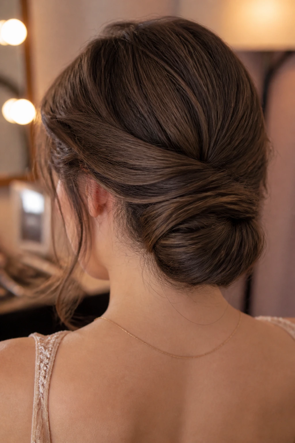 Back view of Gibson tuck updo on real woman with rolled nape