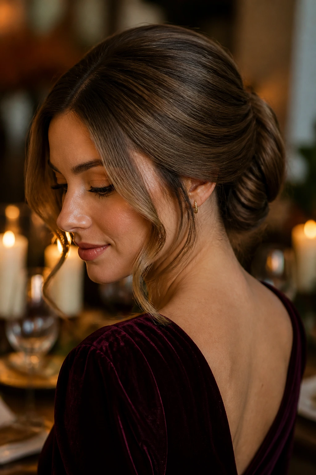 Woman with Gibson tuck and face-framing pieces hairstyle in warm candlelit setting