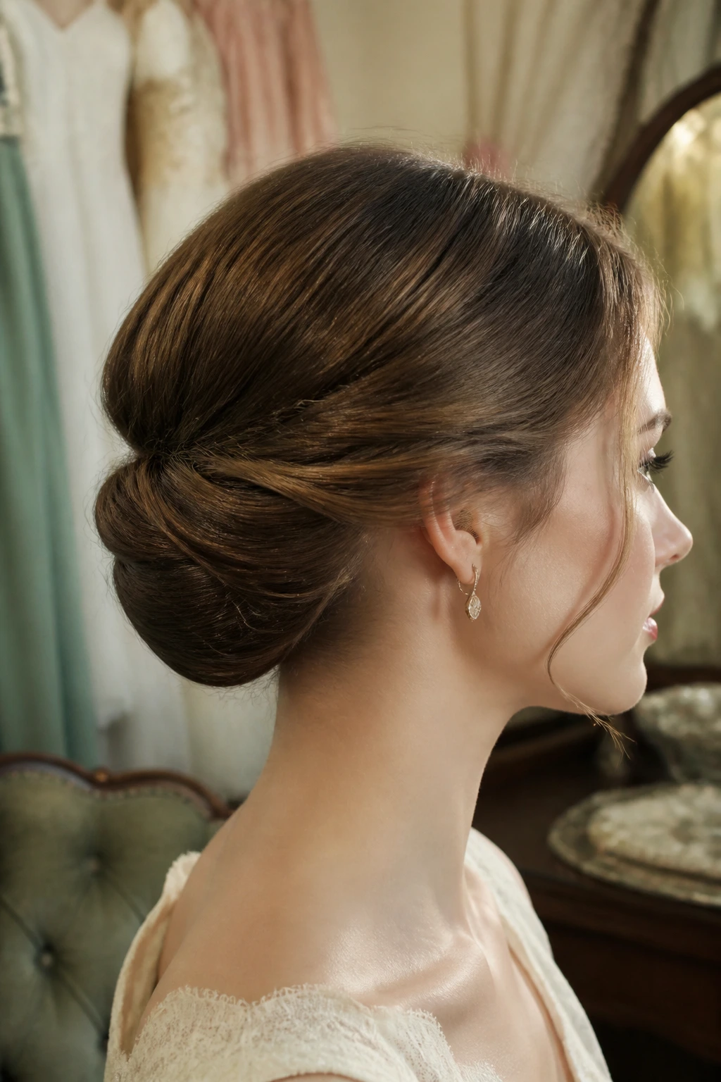 Side profile of a woman with Gibson tuck at the nape