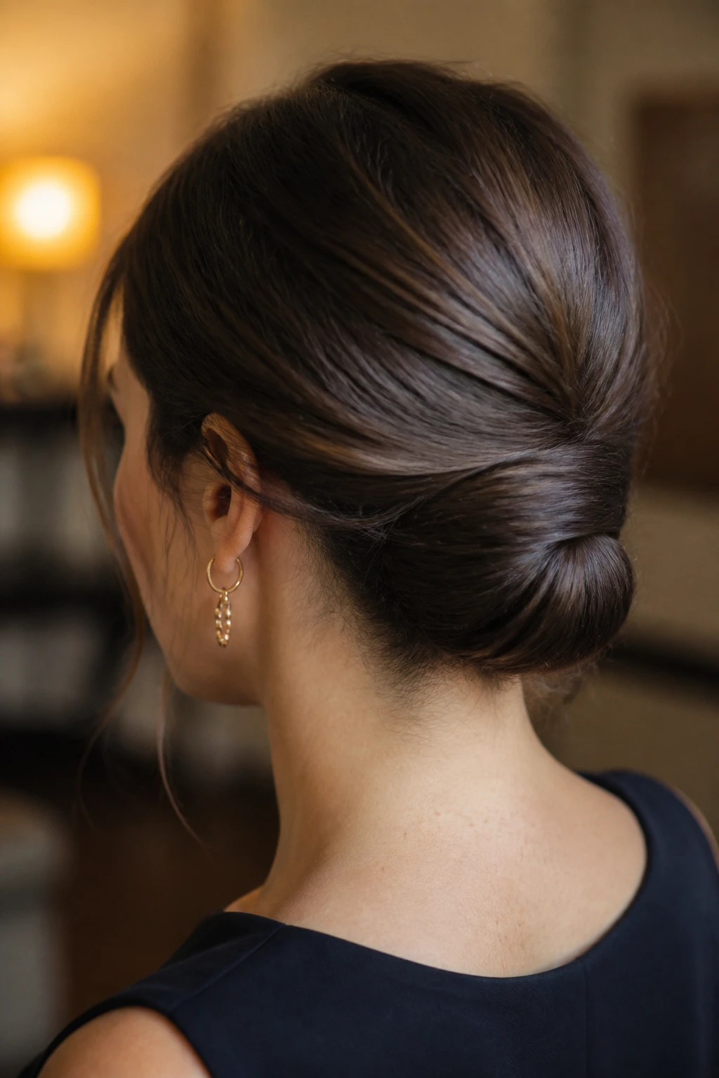 Close-up portrait of a real woman showing a Gibson tuck hairstyle at the back