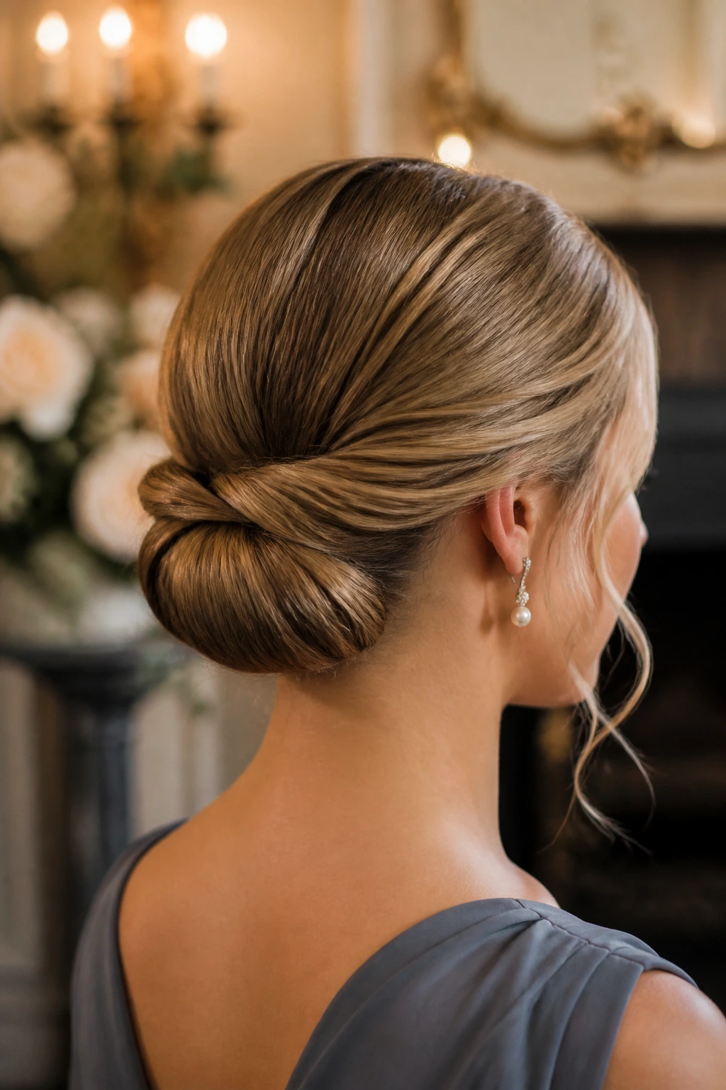 Close-up of a real woman with a Gibson tuck at the nape in a vintage wedding setting