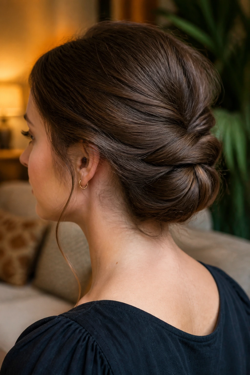 Close-up of a real woman showcasing a Gibson tuck at the back of the head