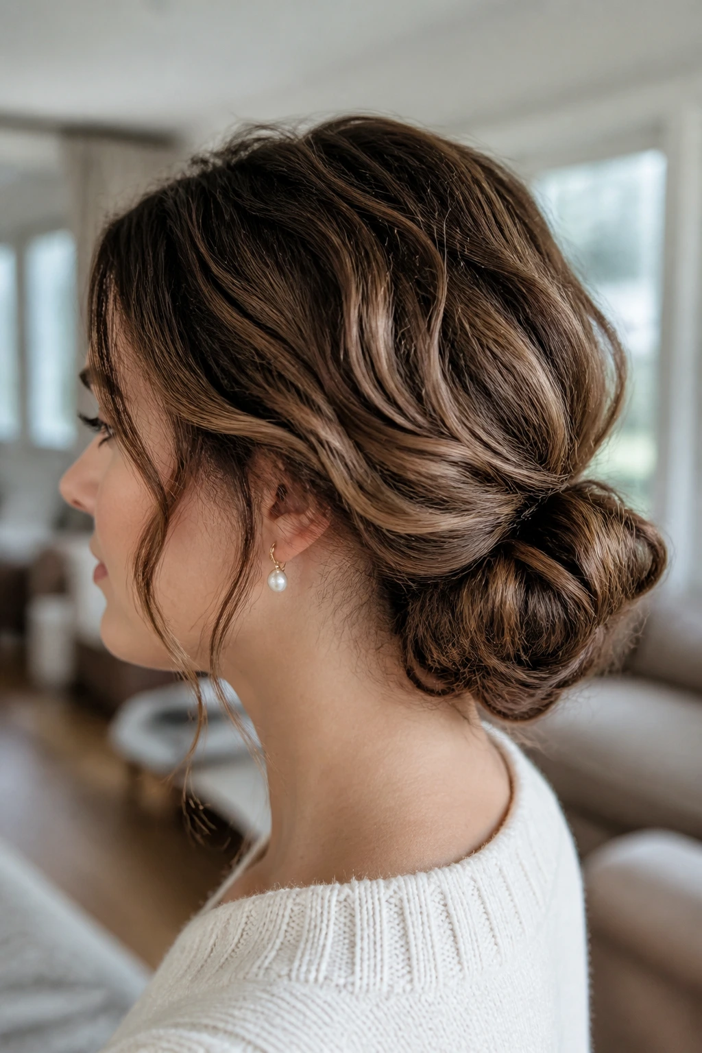 Close-up of Gibson Tuck hairstyle on a real woman with rounded tucked roll