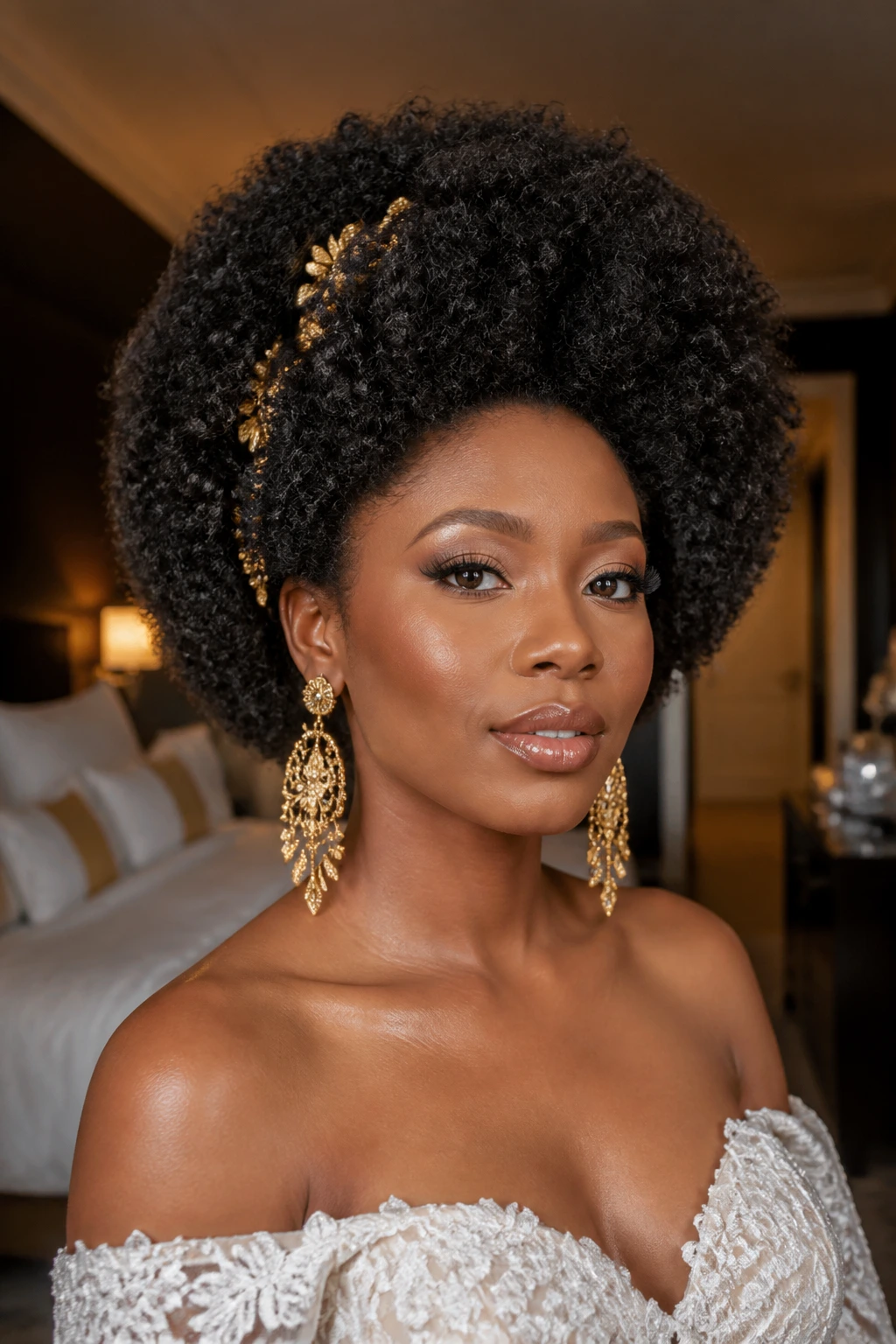 Close-up of a real bride with gilded Afro and bold earrings