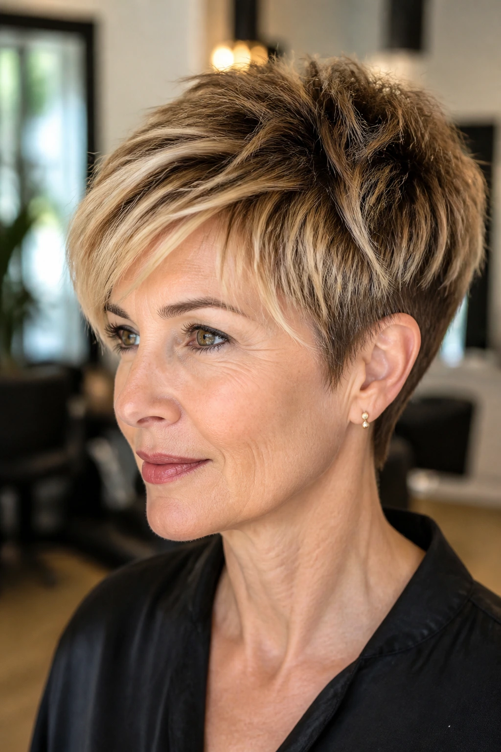 Portrait of a real person with gilded balayage on a textured short crop.