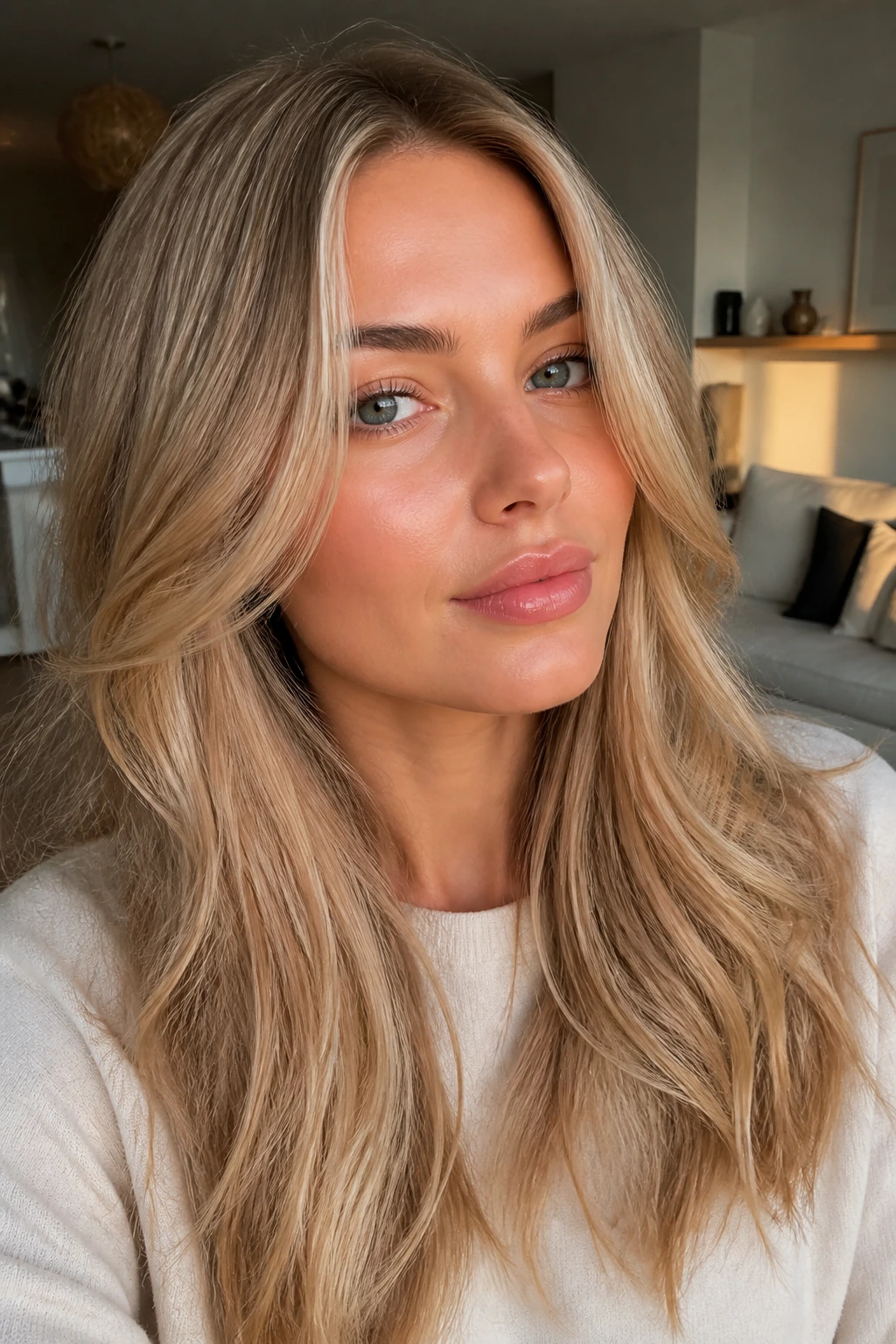 Close-up portrait of a real woman with gilded beige blonde hair in warm indoor light
