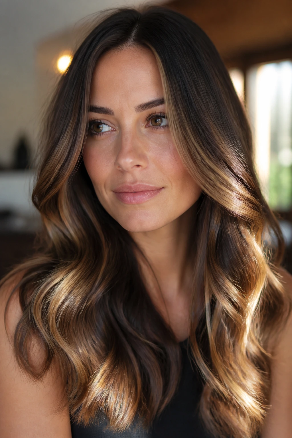 Brunette with gilded balayage and glossy waves in warm light