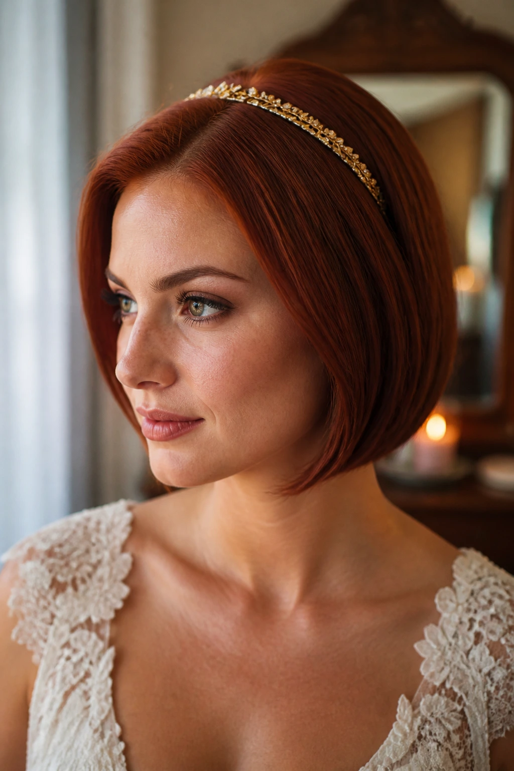 Close-up portrait of a real bride wearing a gilded headband on a bob in warm bridal lighting