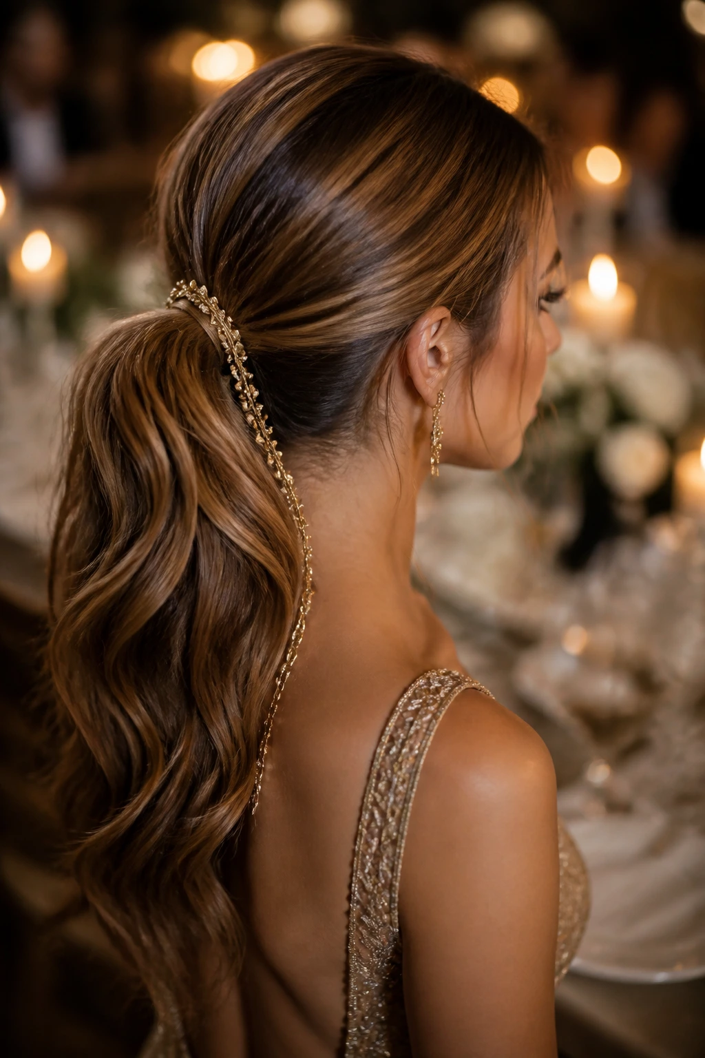 Gilded chain accent in ponytail on real bride