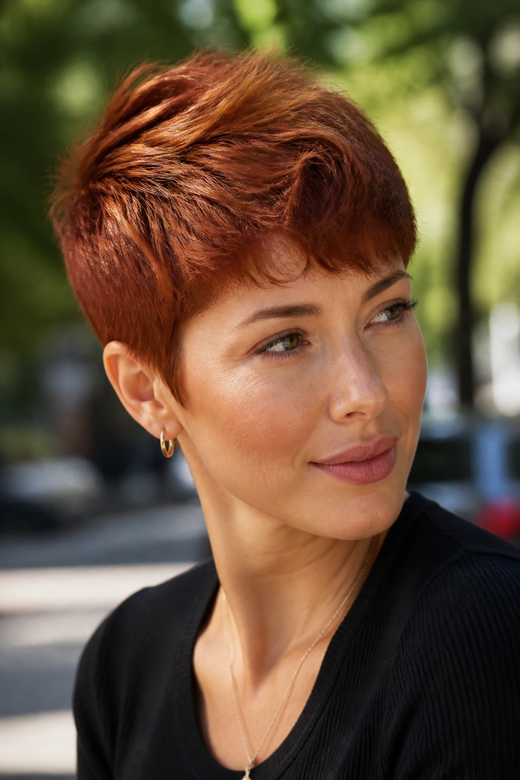 Close-up of a real woman with a ginger-to-auburn melt on a short cut.