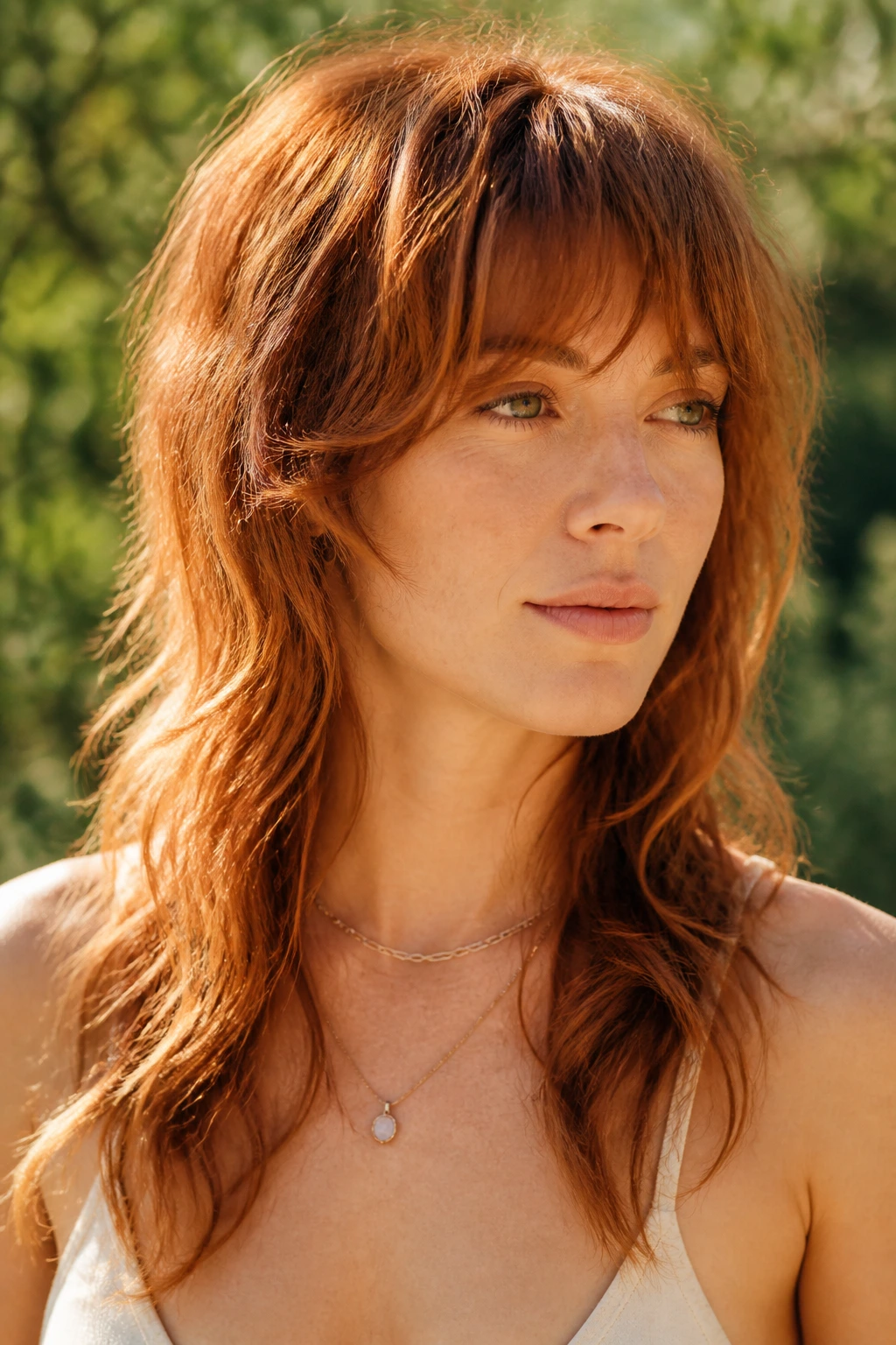 Close-up of a real person with ginger auburn boho mullet
