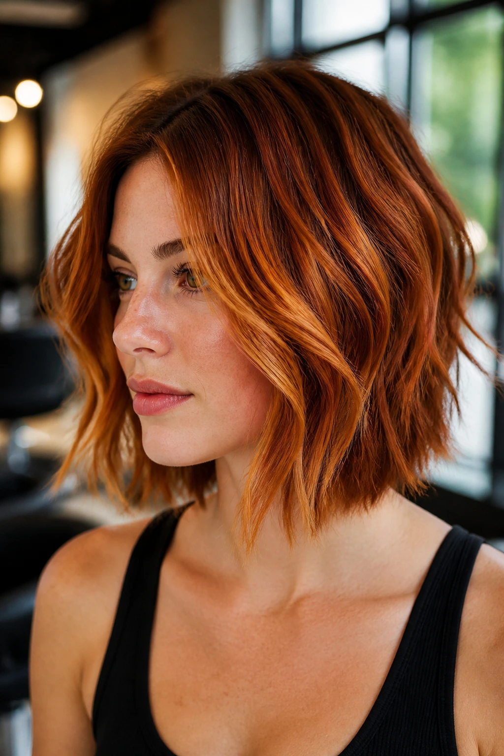 Portrait of a woman with ginger balayage on a choppy lob in salon lighting