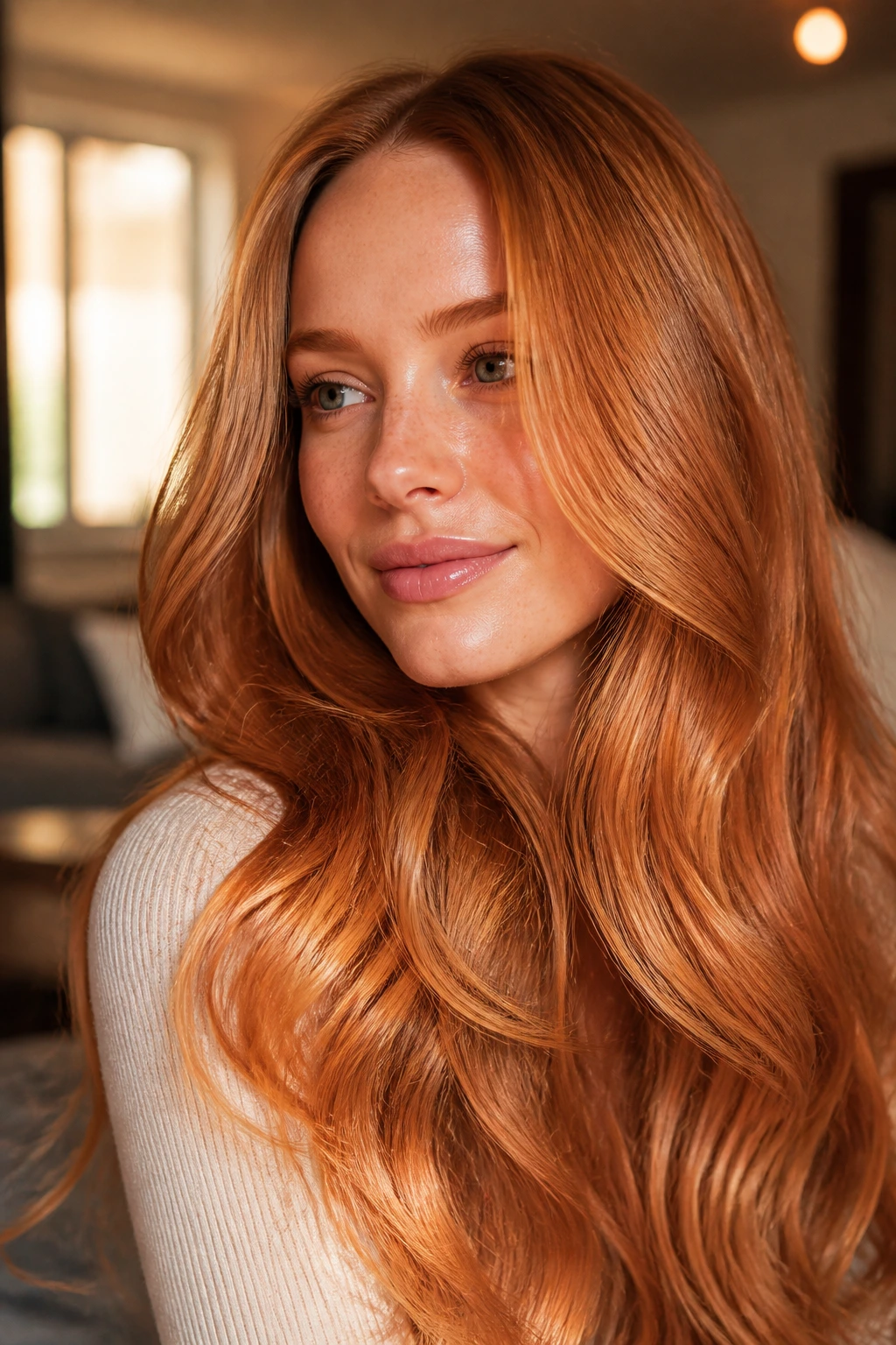 Close-up of a real woman with long glossy copper ginger beer gloss hair, warm window light.