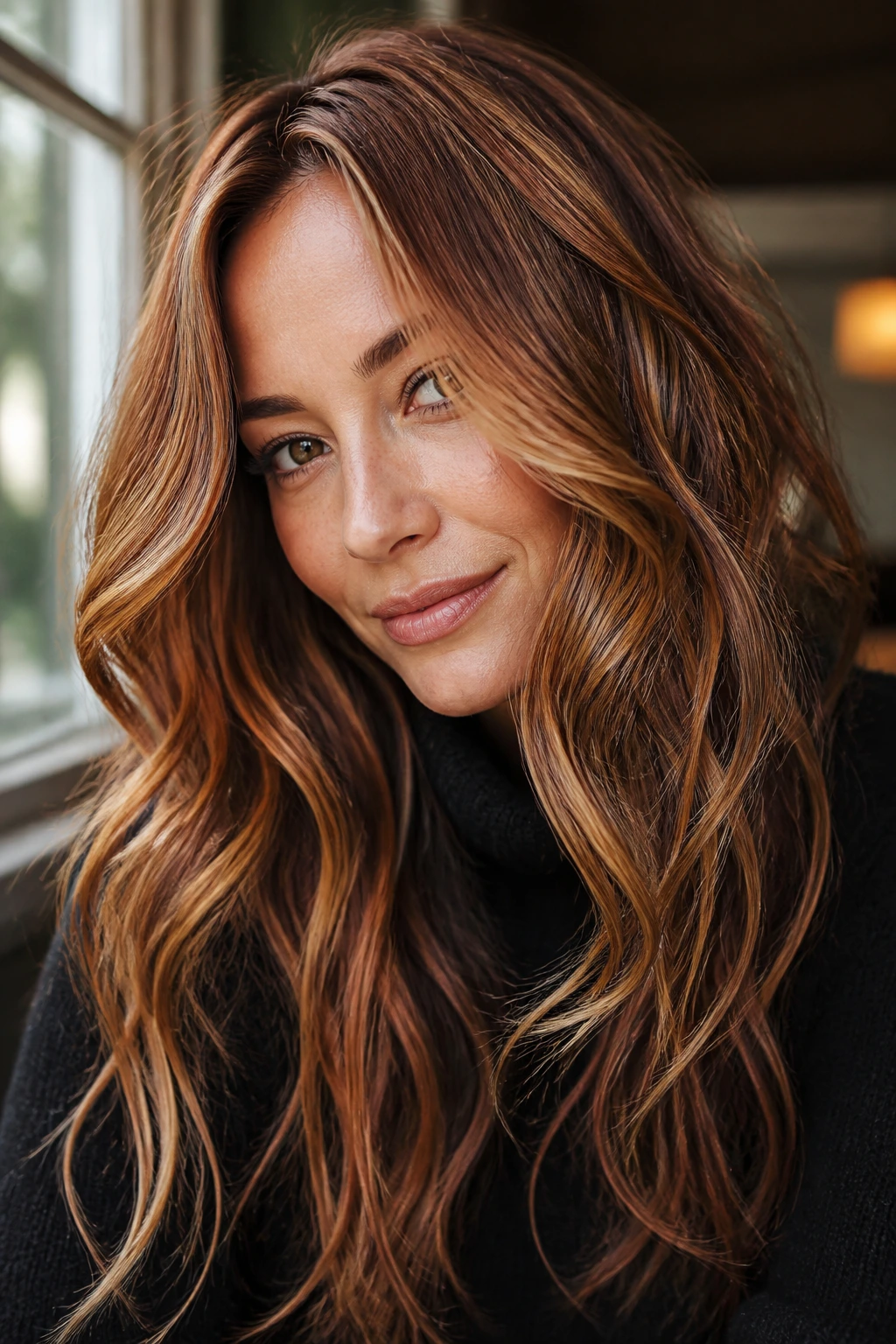 Close-up of a real woman with ginger ribbons in brown-blonde long waves