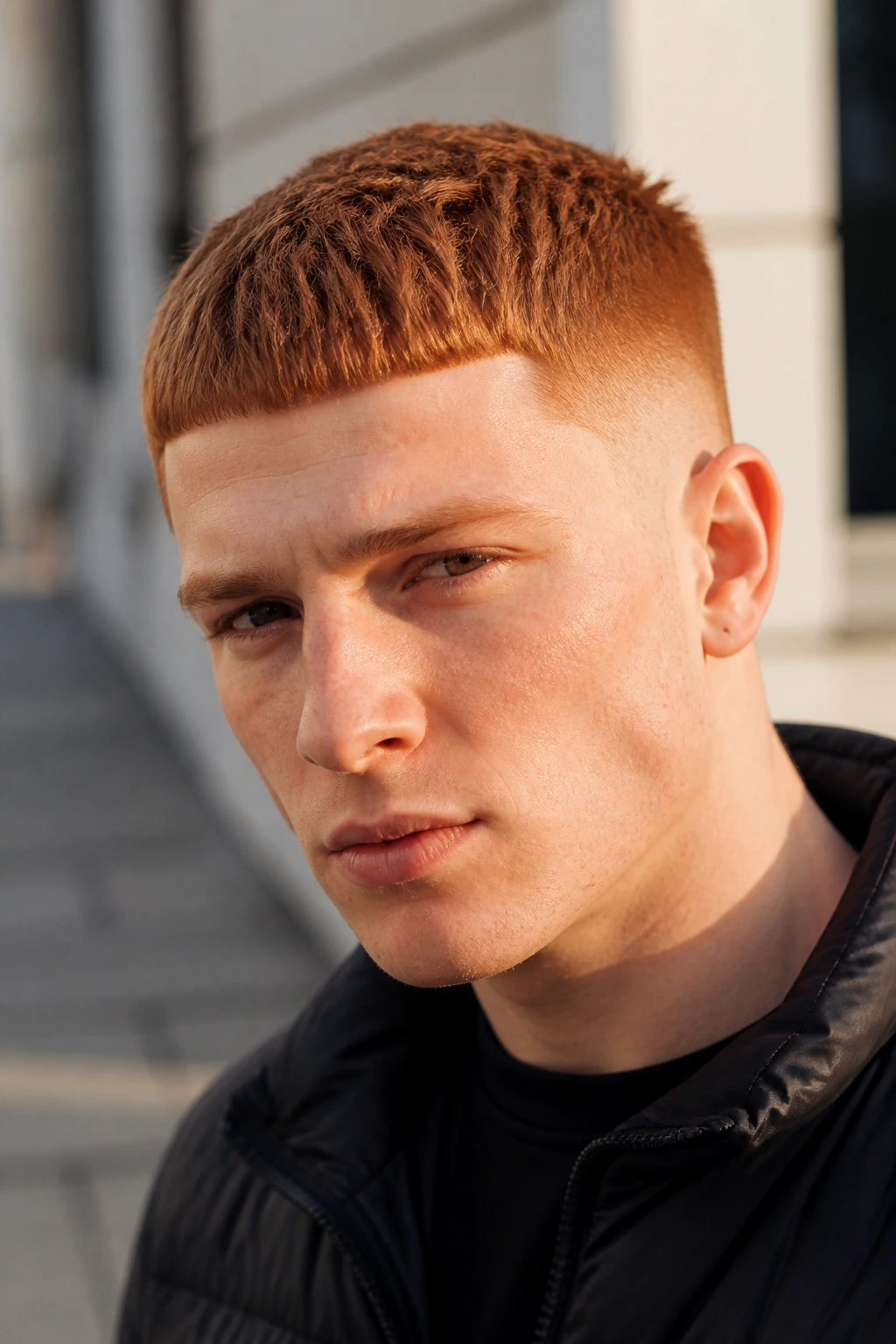 Close-up of a real man with a ginger Caesar cut