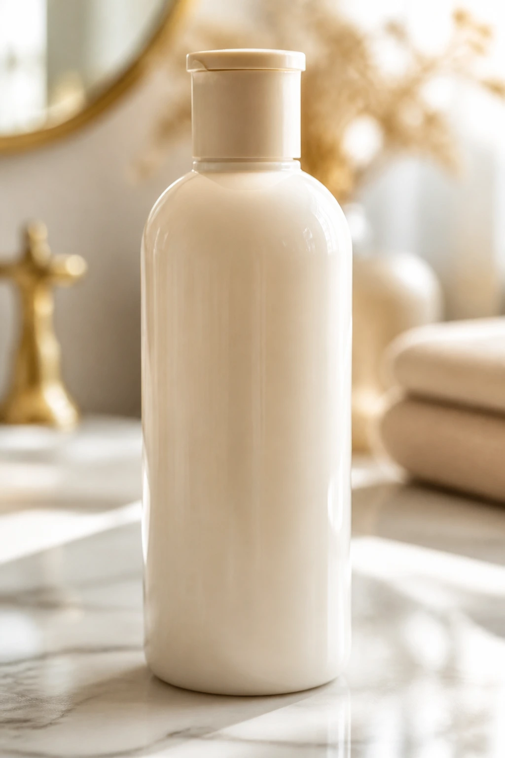 Blank-label shampoo bottle on a bathroom counter