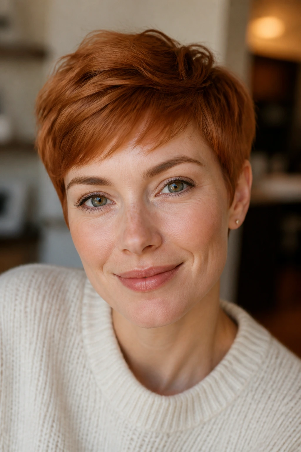 Close-up of a real person with short ginger hair in natural light.