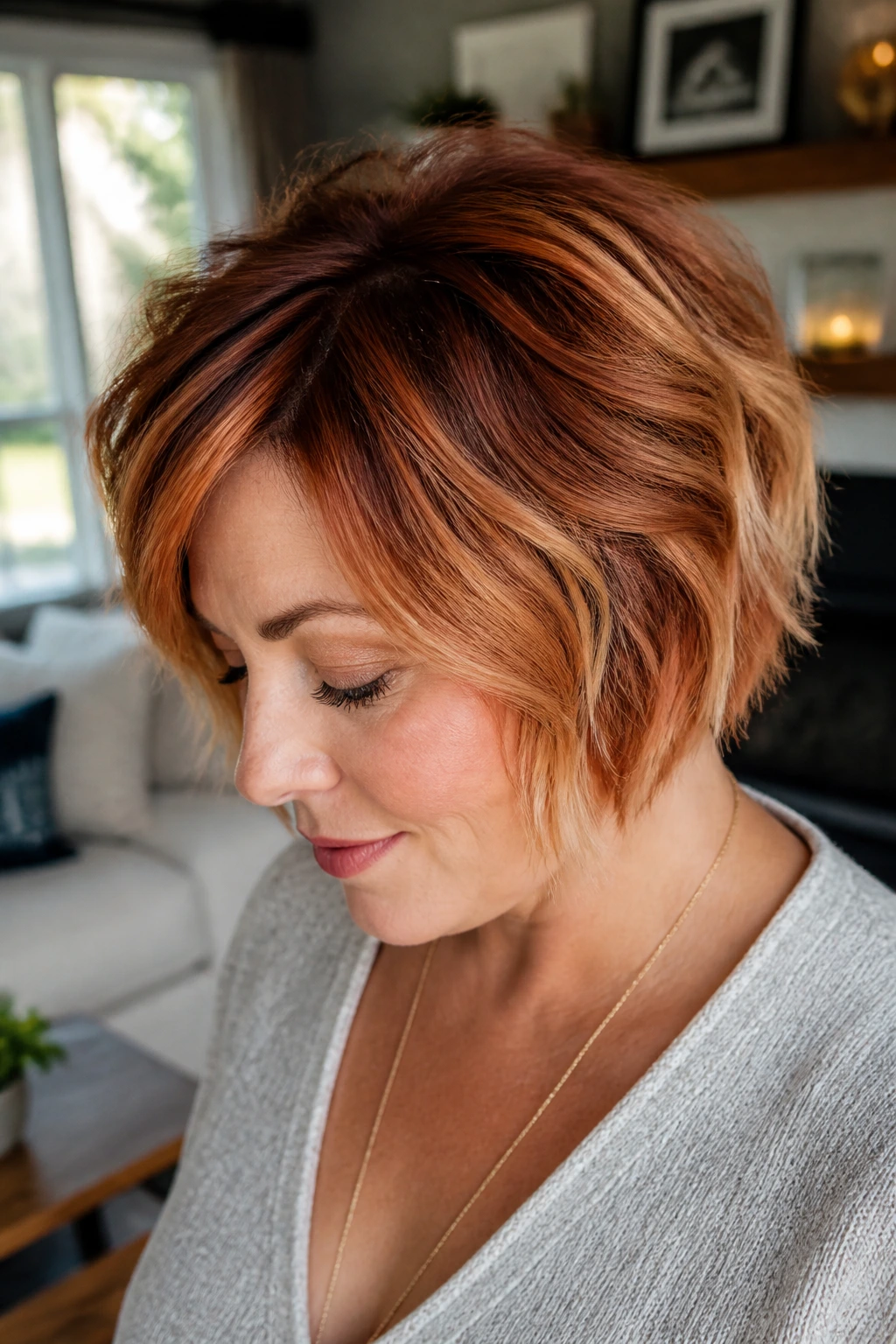 Close-up of ginger hair showing color variations with darker roots and copper ends