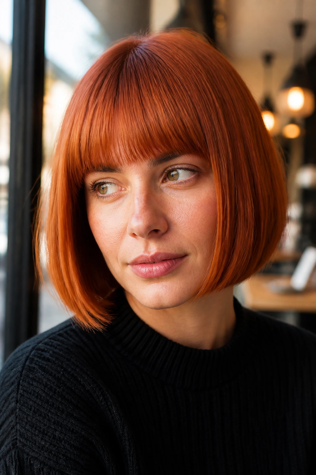 Portrait of a real woman with a blunt ginger copper bob under warm indoor light.