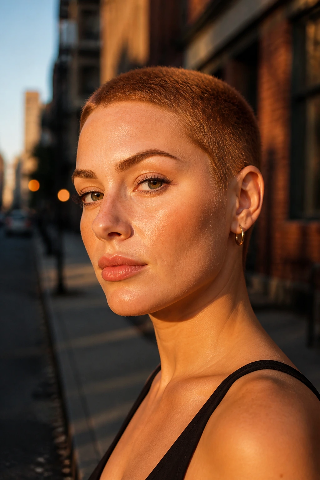 Real person with ginger copper buzz cut on urban street at golden hour