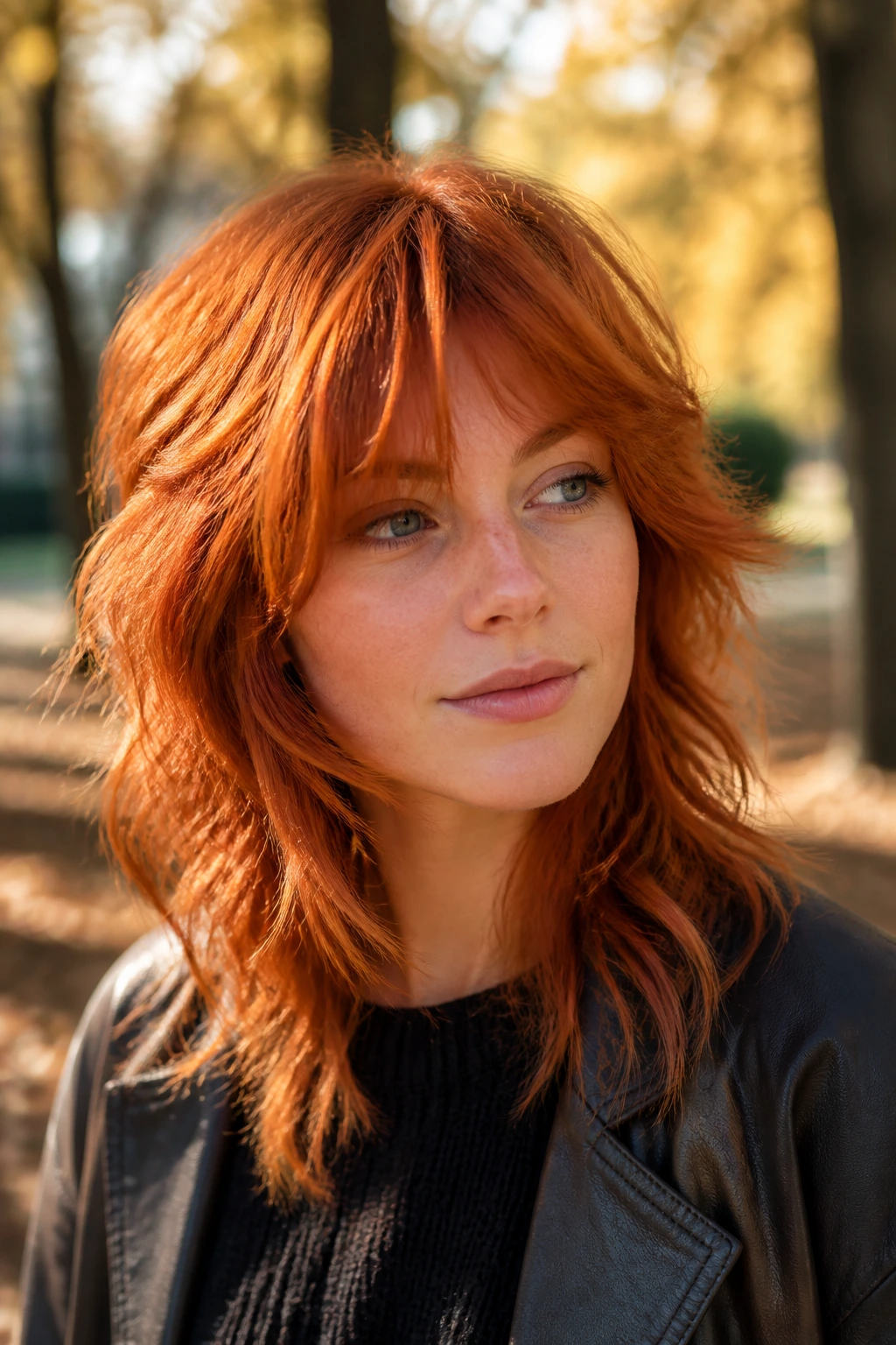 Close-up of real person with ginger copper wolf cut in autumn light