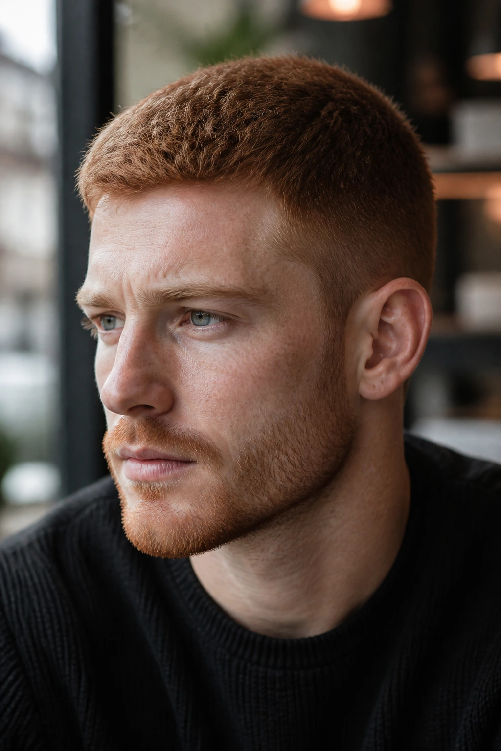 Man with ginger crew cut photographed in natural cafe light