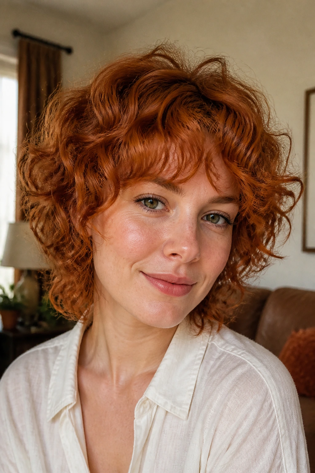 Close-up of a real person with ginger curly shag and soft bangs