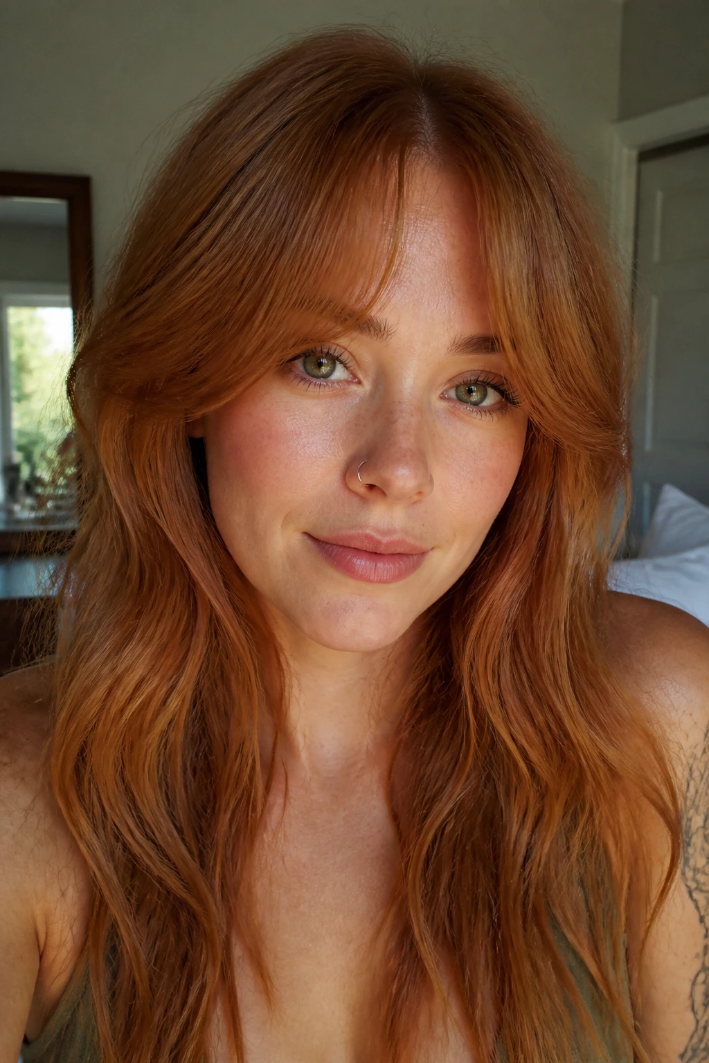 Close-up portrait of a real woman with ginger curtain bangs, warm window light.