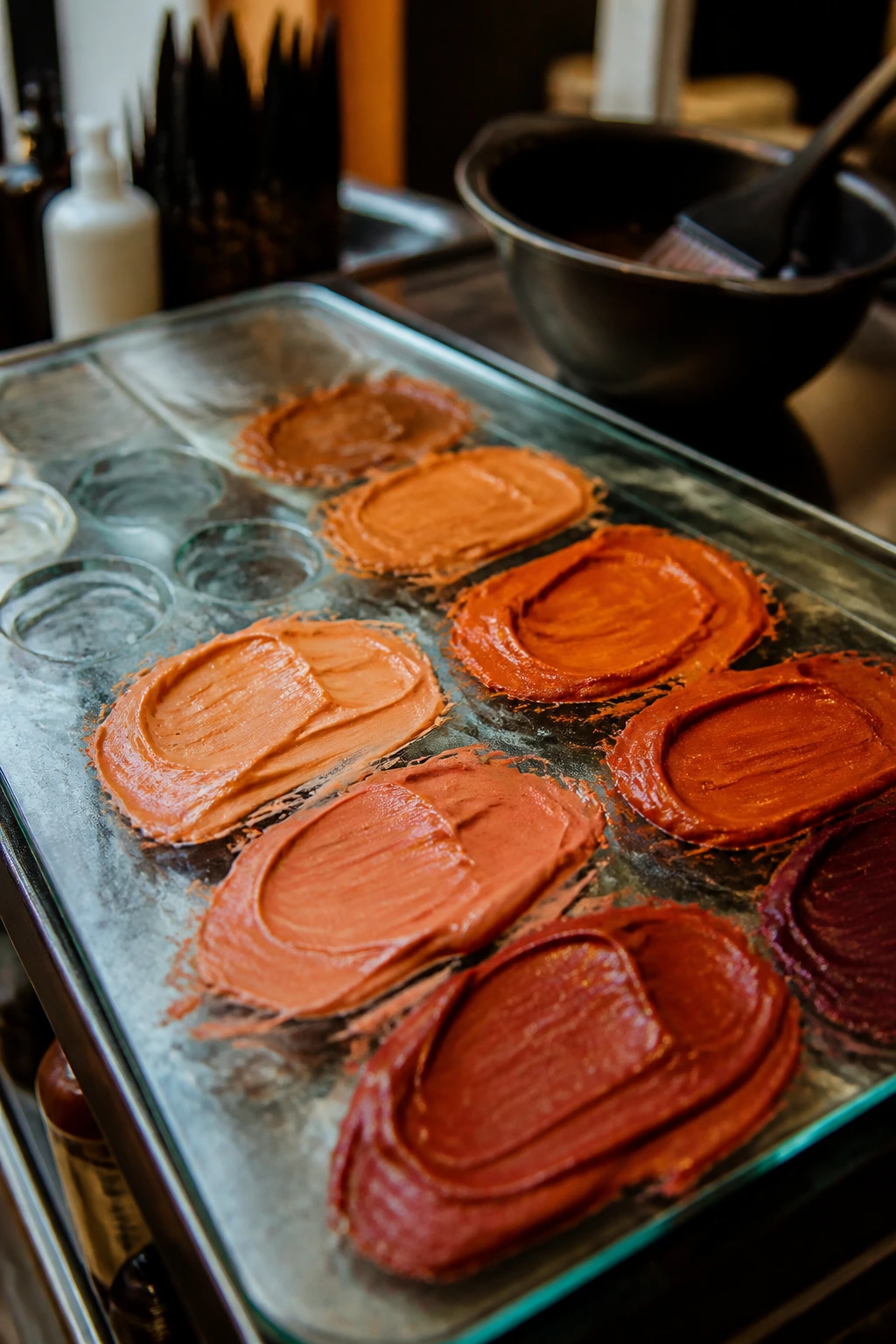 Close-up of copper pigment swatches on a glass palette at a salon color station