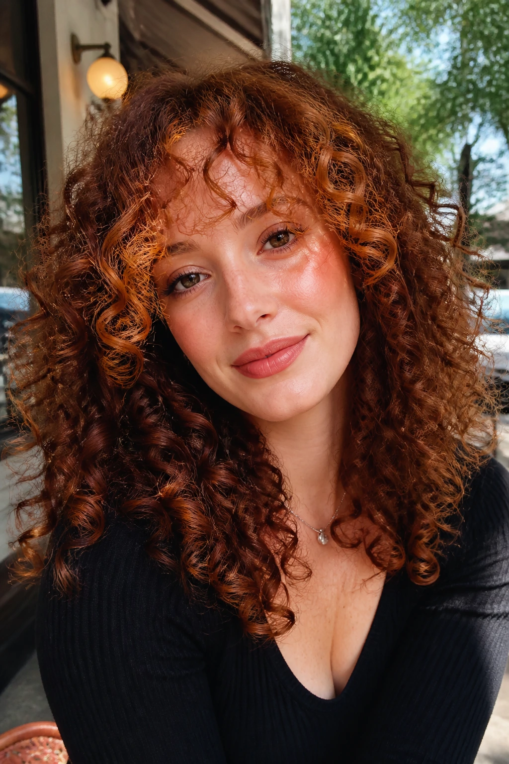 Close-up portrait with a ginger fringe framing the face in outdoor light.
