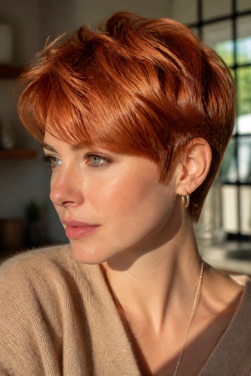 Real person with glossy short ginger hair in a warm interior.