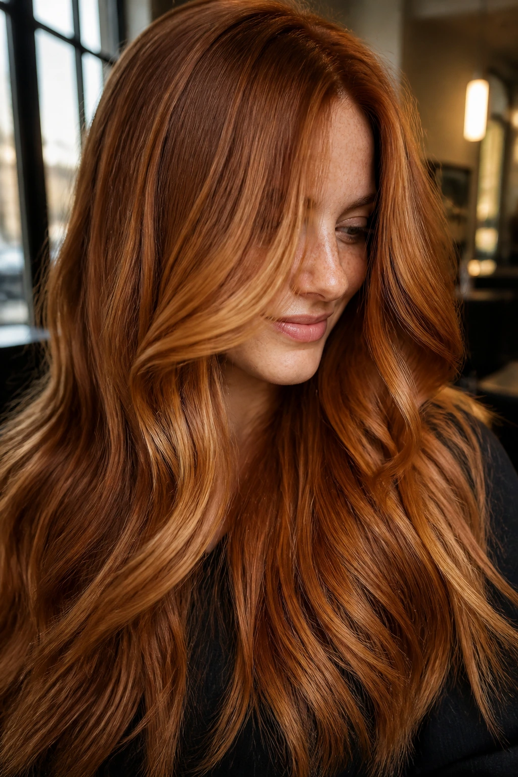 Close-up of long ginger hair with dimensional balayage and rich shine