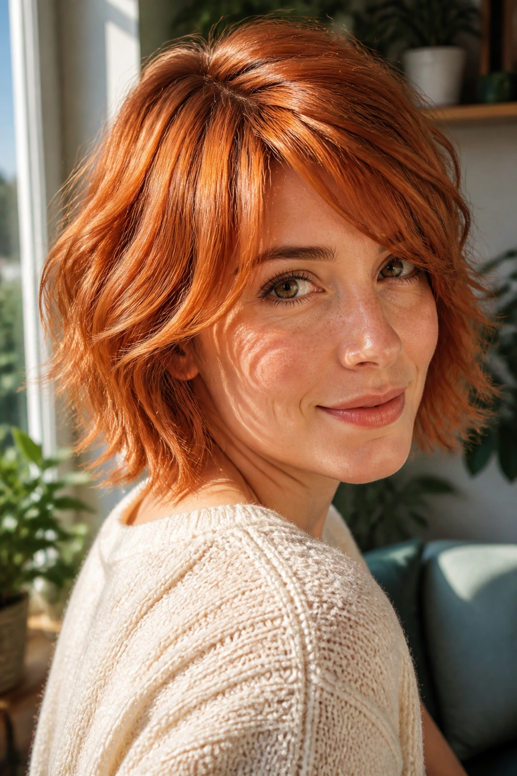 Close-up portrait of a ginger-haired person with bright glossy hair in a sunlit home setting