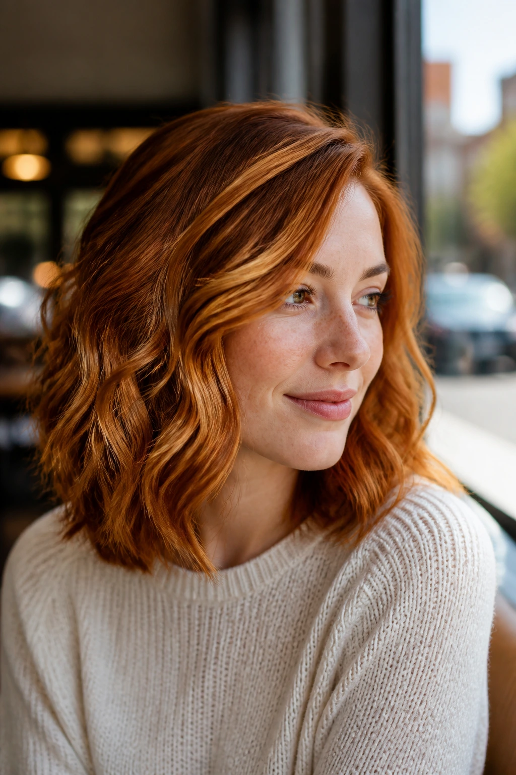 Portrait of a real woman with ginger wavy hair showing dimensional color