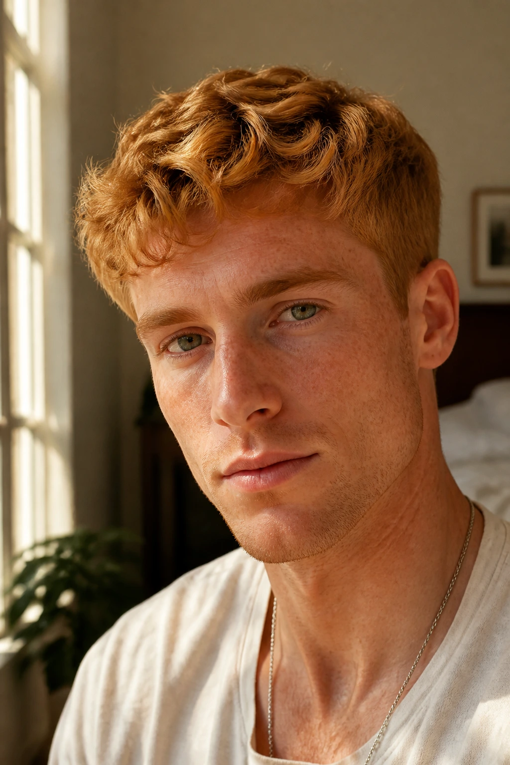Close-up of a man with a golden ginger wavy crop hair