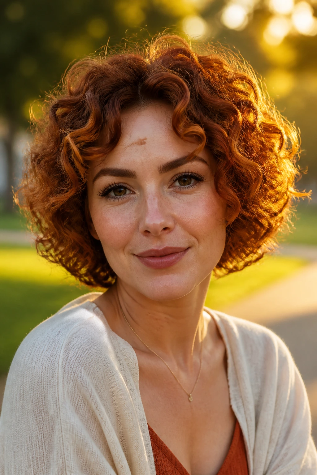 Portrait of a real woman with ginger halo highlights around a curly bob.
