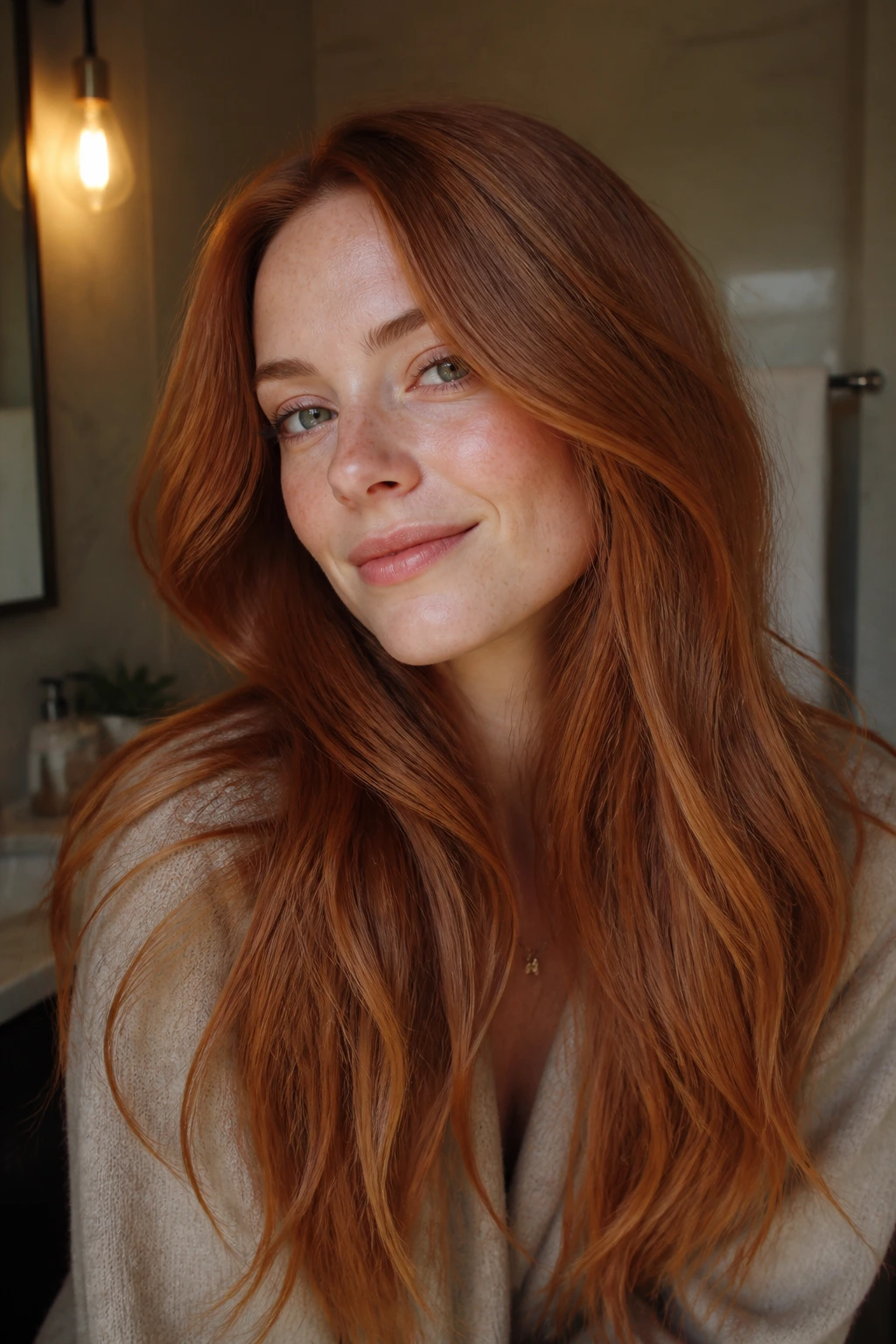 Close-up of real person with bright glossy long ginger hair in warm bathroom light