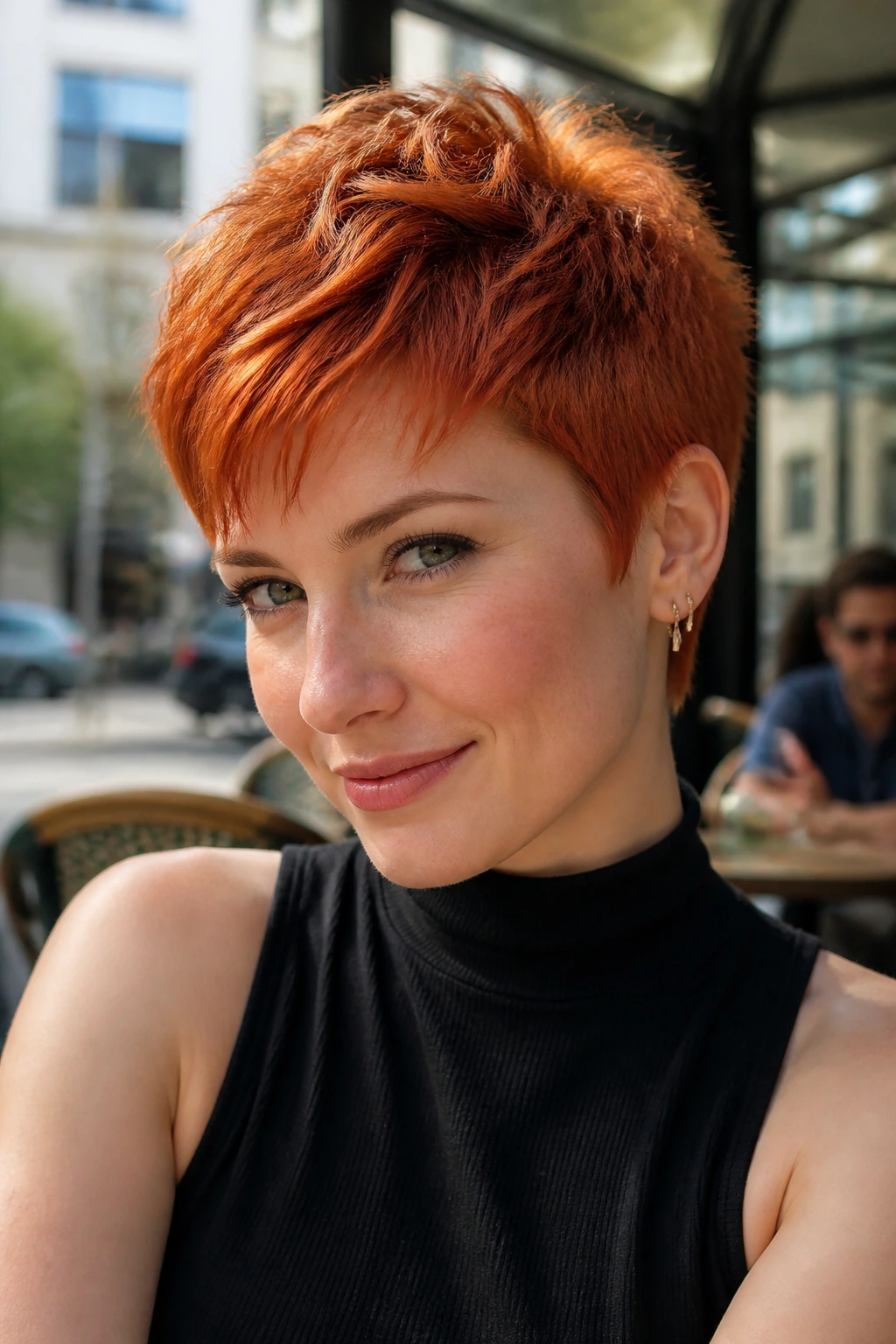 Close-up of a real person with a fiery ginger pixie cut in natural daylight