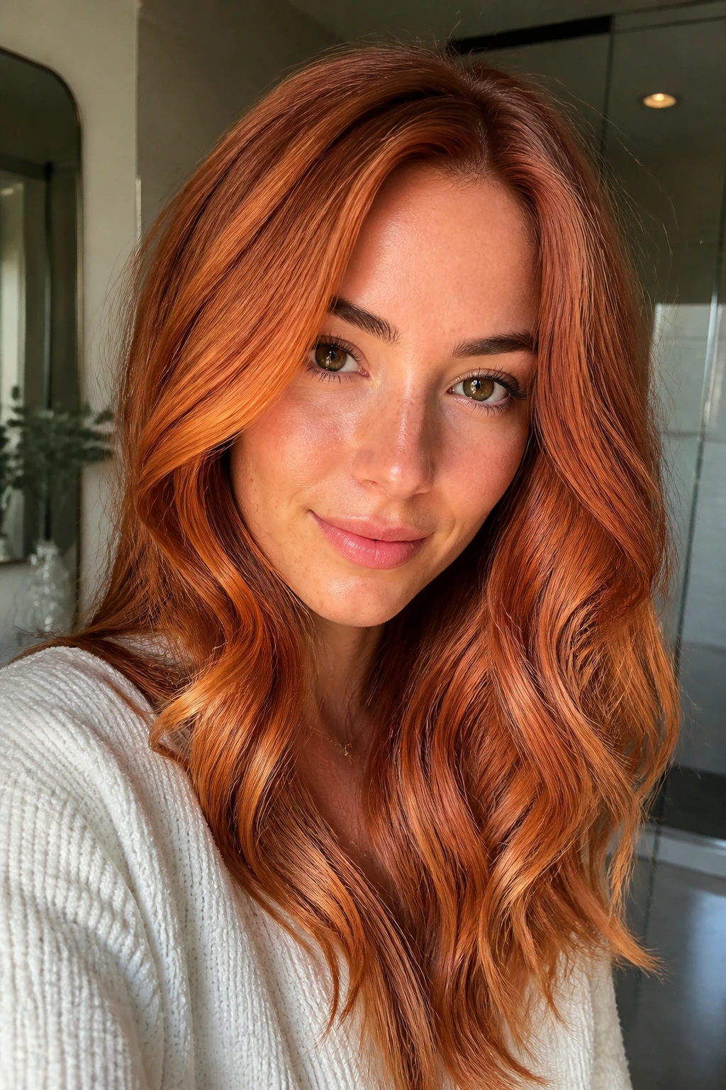 Close-up of a real woman with ginger-root glow copper hair framing the face
