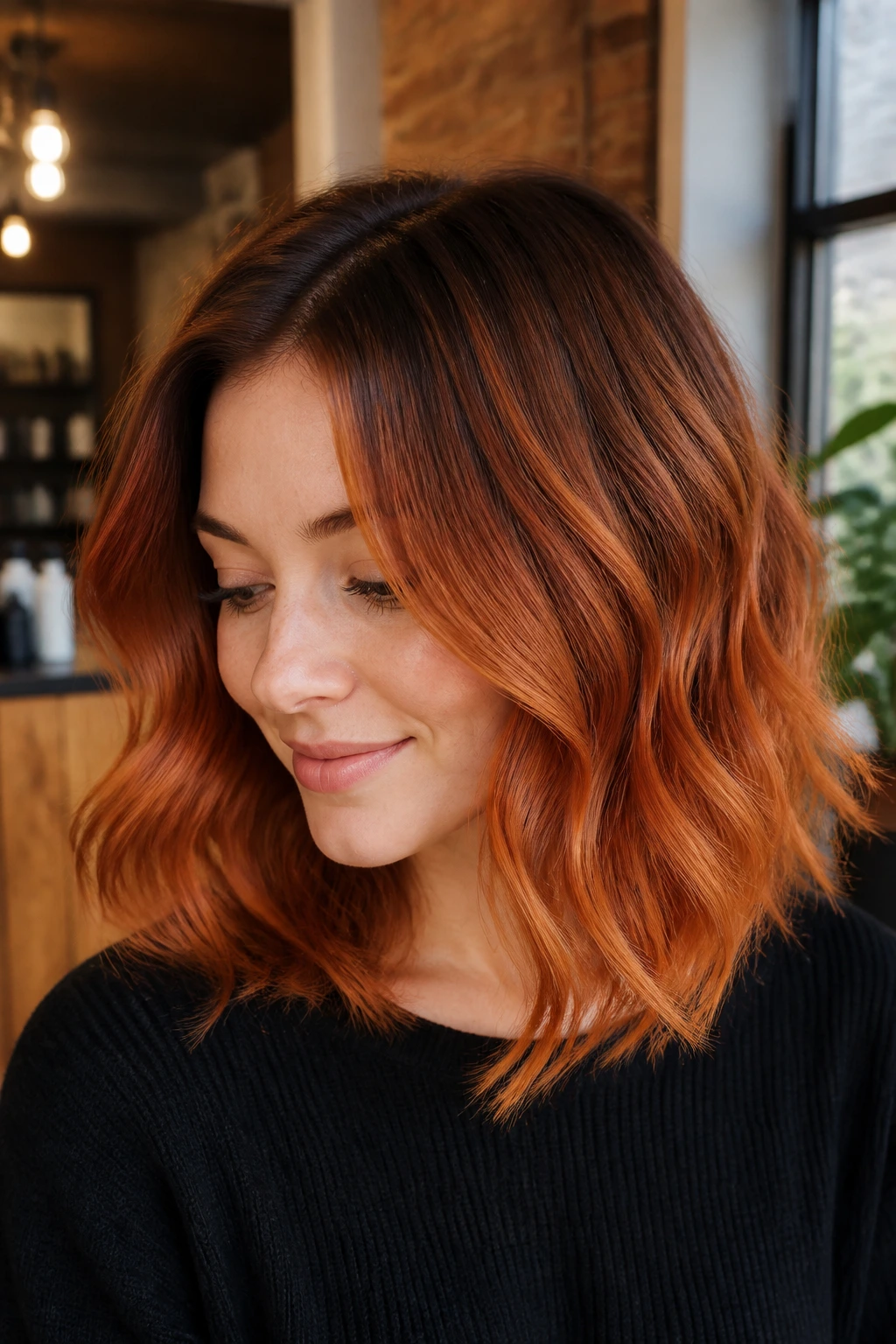 Close-up portrait of a real woman with ginger root melt hair showing darker roots and copper ends