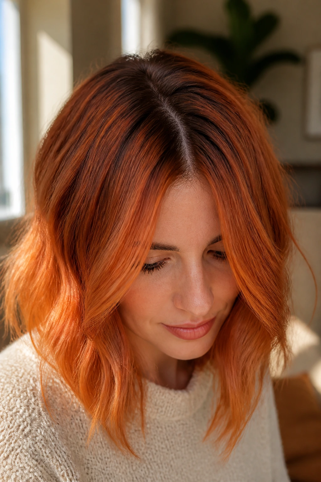Close-up of ginger root shadow with darker scalp under ginger hair