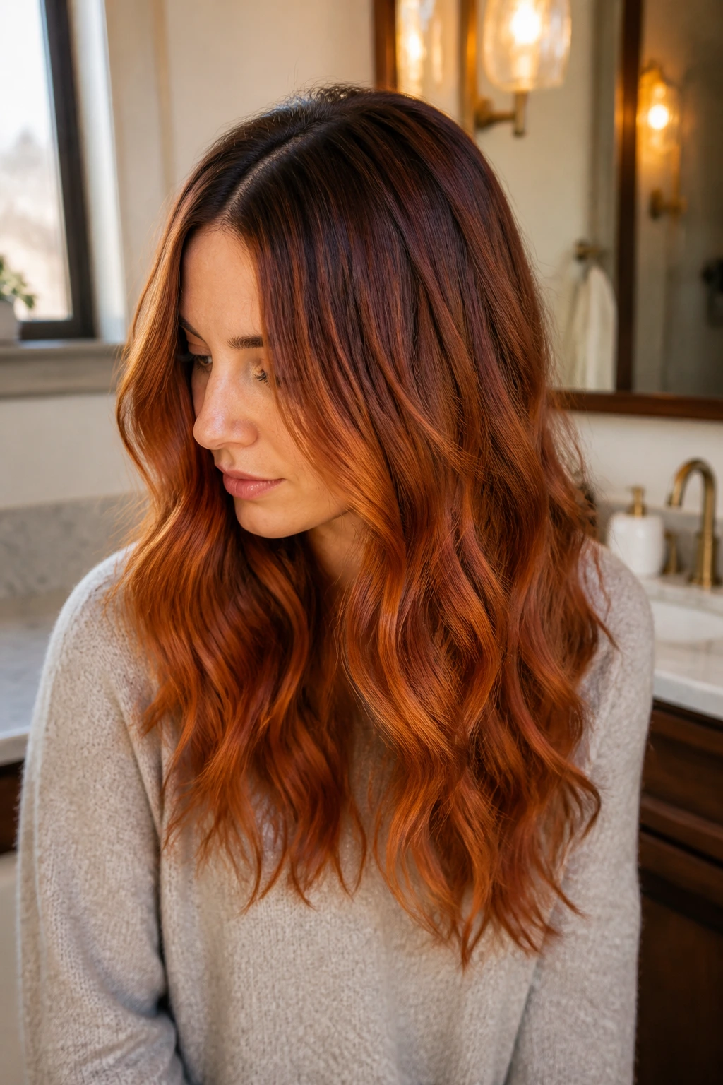 Close-up of ginger root smudge red tones blending from dark roots through long waves